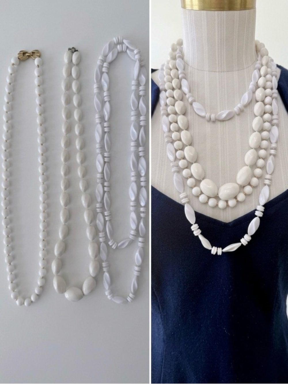 Vintage Lot of 3 1960’s White Acrylic Necklaces Variety- Mod & Retro - 23”-46”